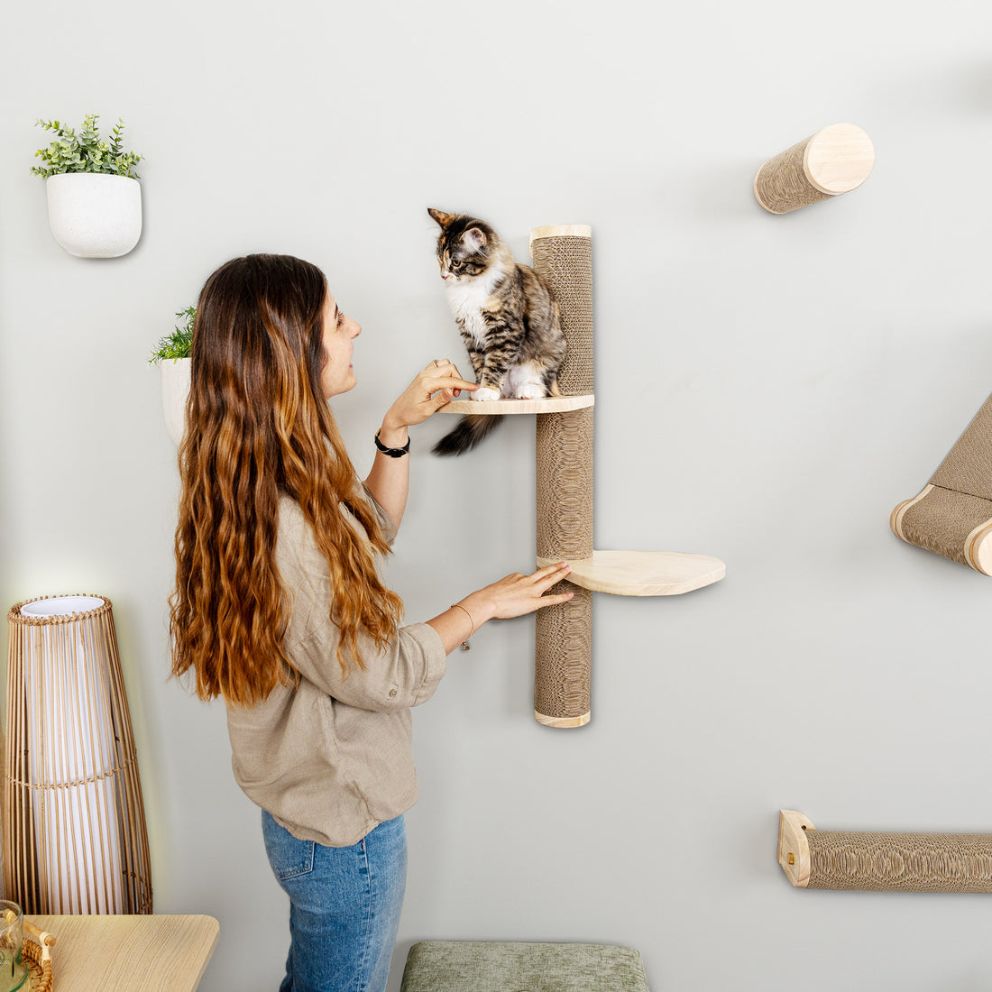 ASCENTIALS BY FURHAVEN Sunrise Steps Cat Post with Perches (34”), Wall-Mounted Customizable Climbing Shelves with Corrugated Cardboard for Scratching